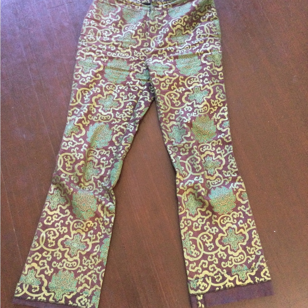 Waxed Cotton Patterned Metallic Brocade Pants in Gold and Teal